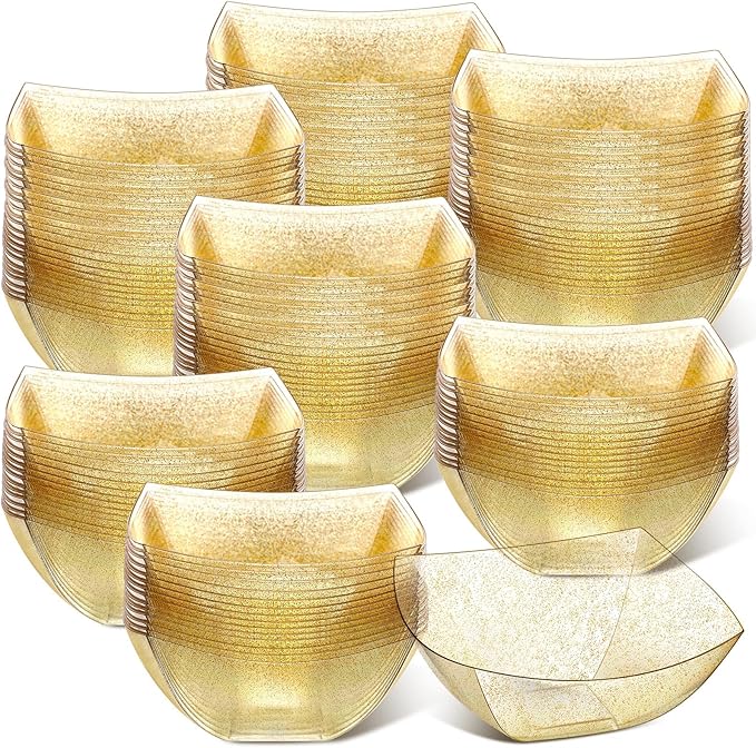 Sliner 100 Pcs Square Plastic Bowls Plastic Serving Bowls Disposable Chip Containers for Parties Snack Fruit Candy Containers for Candy Buffet Salad Bar Buffet Party Supplies(Gold Glitter,16 oz)