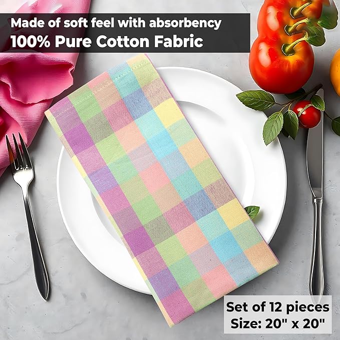 Urban Villa Cloth Napkins Set of 12 20x20 Inches 100% Cotton Napkins Cloth Washable Soft Durable Reusable Absorbent Table Dinner Napkins Cloth for Hotel Lunch Restaurant Weddings Parties-Easter Checks