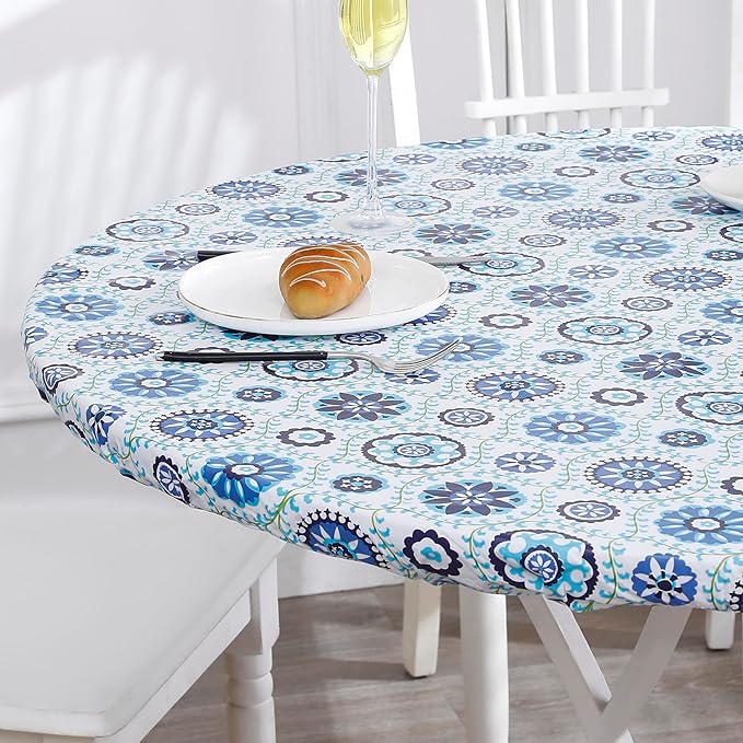 Walrus Round Vinyl Fitted Tablecloth with Flannel Backing Elastic Edge Design Table Cover Waterproof Oil-Proof PVC Table Cloth Stain-Resistant Best for 32"-36" Round