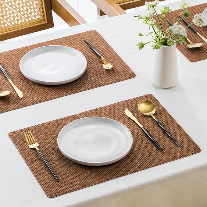 Jovono Faux Leather Placemats Set of 4, Waterproof Washable Table Mats, Easy-Clean Heat Resistant Kitchen Vinyl Place Mat for Dining Table, Restaurant, Indoor, 17.8"x11.8", Brown