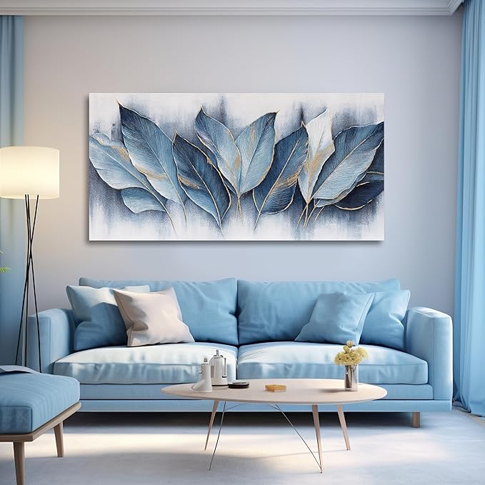Framed Art Wall Decorations Blue Leaves Canvas Wall Art Abstract Art Modern Artwork For Living Room Bedroom Dining Room Home Office Decor 20"X40"