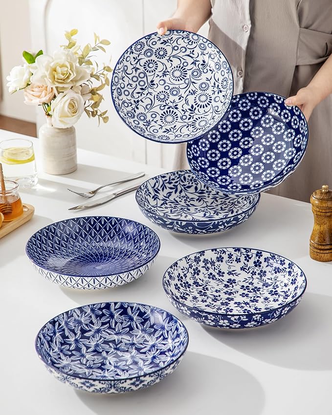 vancasso 50 oz Large Pasta Bowls Set of 6, Porcelain Serving Bowls, 9.5 Inch Wide Shallow Salad & Soup Bowls, Kitchen Pasta Plates, Microwave and Dishwasher Safe, Blue White Floral Design
