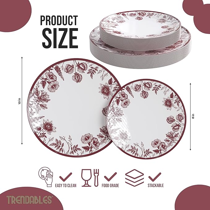 Trendables Disposable Plates For Party Supplies | Burgundy Floral Plastic Plates For Wedding 80 Pcs - 40 X 8 & 40 X 10 Dinner Plate Sets | Floral Plate Set Disposable Plastic Dinnerware Sets