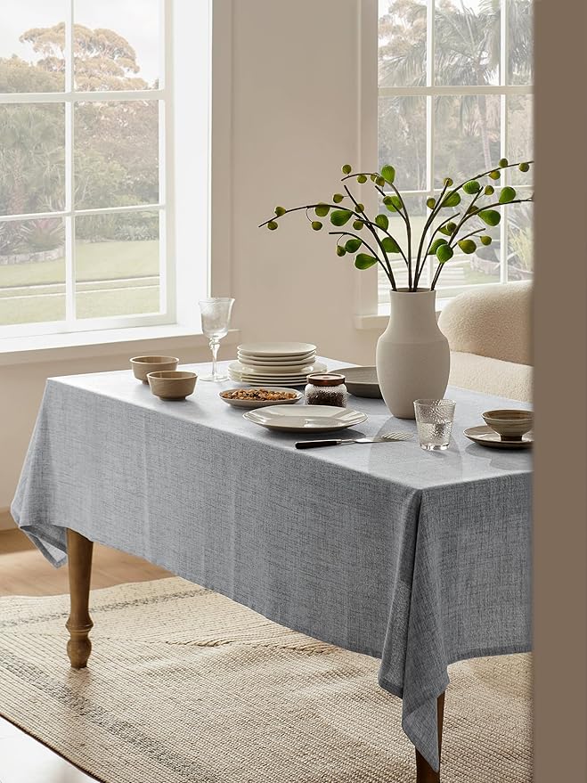 Linen Tablecloth for Rectangle Table 60x104 Inch Grey, Farmhouse Style Grey Tablecloth, Water Resistant Burlap Tablecloths for Dining Table Farmhouse Kitchen