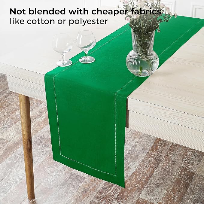 D'Moksha Homes Linen Kelly Green Table Runner 144 Inches Long - 100% Pure Linen Extra Long Table Runner 14 x 144 Inch for St Patricks Day, Easter - Classic Hemstitch