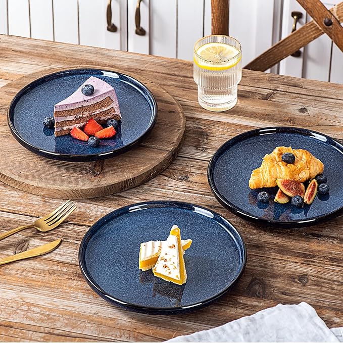 vicrays Ceramic Salad Plates Set - Porcelain 8 Inch Flat Dessert Appetizer Plate for Lunch Home Party Restaurant - Scratch Resistant Microwave Oven and Dishwasher Safe - Set of 6 (Blue)