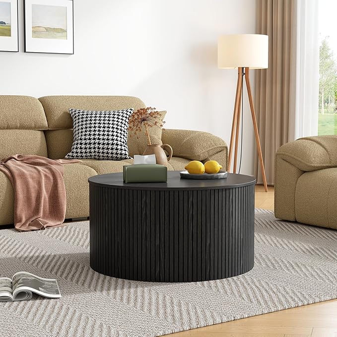 Round Fluted Lift Top Coffee Table, Mid Century Modern Center Table with Storage and Compartment, 2 Tier Small Circle Dining Table, for Living Room, Home Small Space, Black