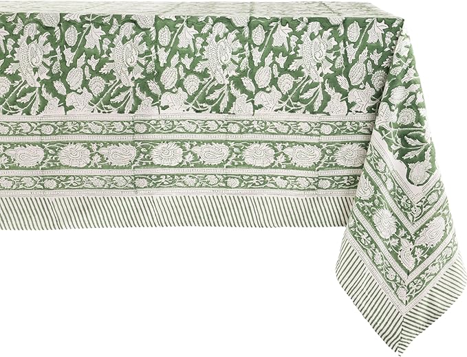ATOSII Meraki Green 100% Cotton Spring Summer Tablecloth, Block Print Rectangle Table Cover - Dining, Parties, Outdoors, Weddings, Grand Millennial Decor 60 X 60 Inches I 4 Seater I