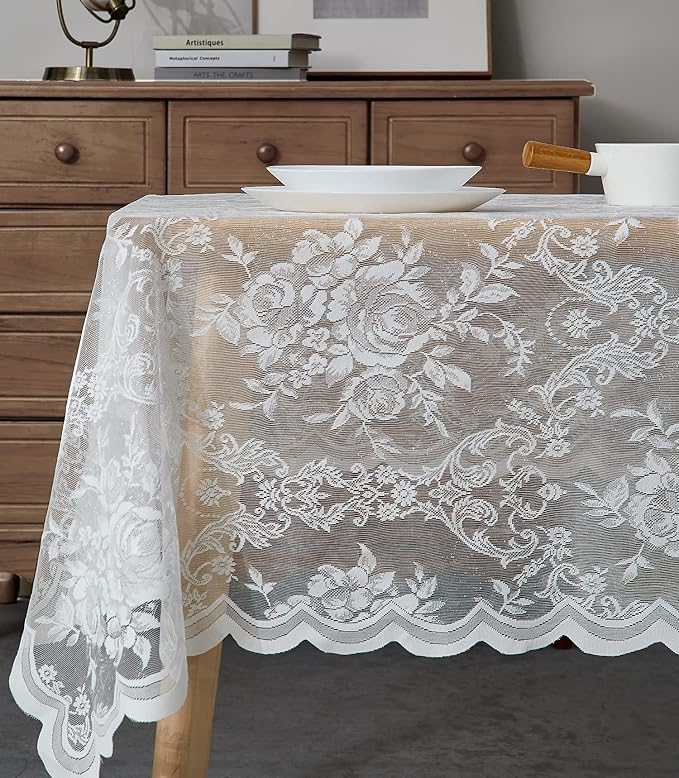 Warm Home Designs 54 x 72 Lace Tablecloth - Ivory Rectangle With English Rose Design for 6-8 Guests - Rustic Dining Table Cover - LTC Ivory 72"
