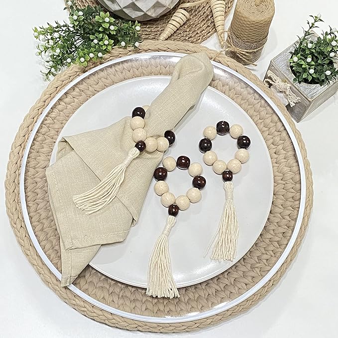 Napkin Rings Set of 6 - Wooden Beads Napkin Rings | Rustic Wooden Napkin Ring Holder for Table Decoration | Handmade LEBEJUA Napkin Ring with Wood Beads & Tassels - Farmhouse Napkin Holder Boho Style