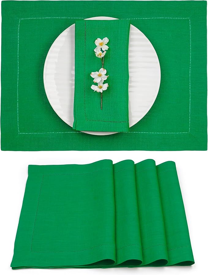 D'Moksha Homes Linen Placemats Set of 4 - Classic Hemstitch Kelly Green Placemats 14 x 19 Inch - 100% Pure Linen Table Mats for St Patricks Day, Easter - Handcrafted and Machine Washable