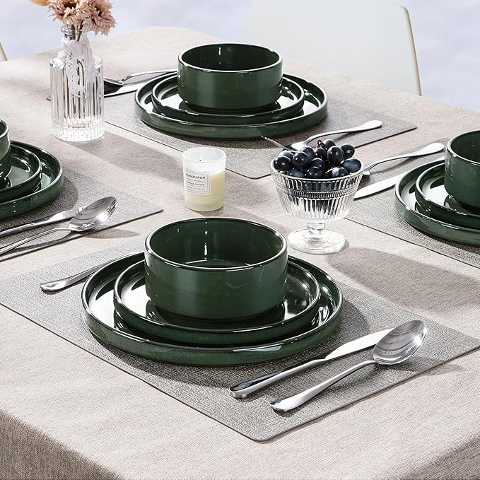 Herogo Plates and Bowls Dinnerware Sets for 8, 24 Pieces Ceramic Stoneware Dinner Dishes Set, Rustic Terracotta Bottom, Dishwasher & Microwave Safe, Dark Green