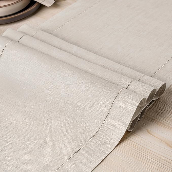 D'Moksha Homes Linen Light Natural Table Runner 72 Inches Long - 100% Pure Linen Hemstitch Table Runner 14 x 72 Inch for Dresser, Dining, Valentines, Spring, Easter - Classic Hemstitch
