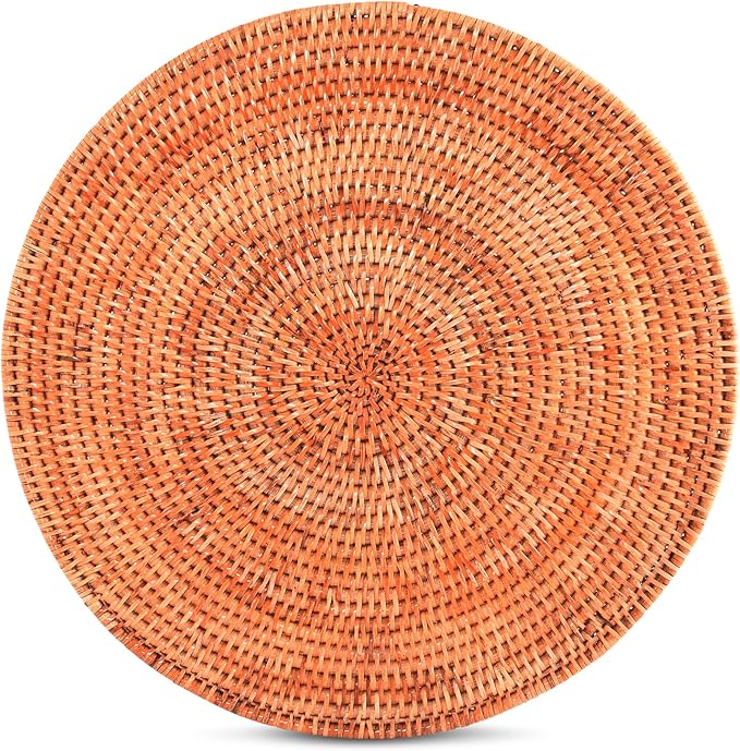 Vagabond House Handmade Rattan Chargers - Set of 4 Large, Durable, Natural Woven Wicker Rattan Placemats for Dinner Plates with Pewter Anchor - Perfect for Beach Home, Ocean and Coastal Themes