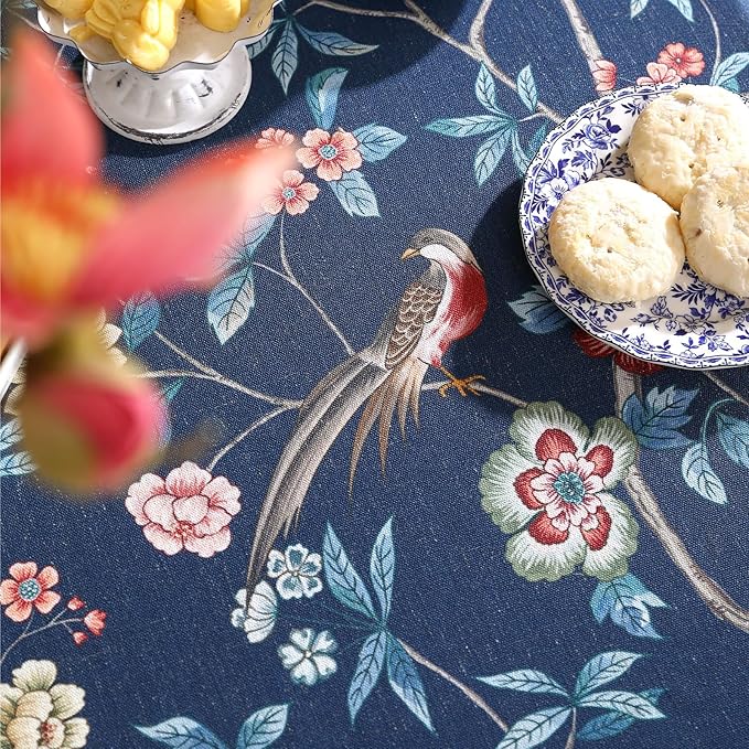 patdrea Designer Vintage Dark Blue Linen Rectangle Tablecloth,Navy French Floral and Birds Pattern Table Cloth,Decoration Table Cover for Kitchen,Dining,Tea Party,Home,Christmas,63"*102"