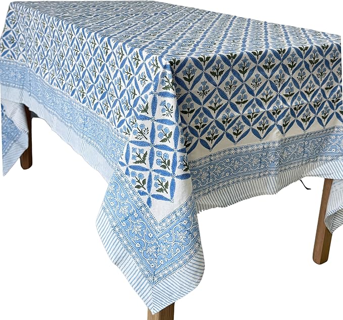 ATOSII Netta Blue 100% Cotton Rectangle Spring Tablecloth, Handblock Floral Linen Table Cloth for Kitchen Dining Table I Parties Weddings Outdoors Home Decor 72 X 120 Inches I 10 Seater