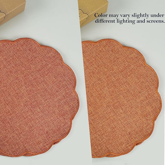 AHHFSMEI Round Faux Linen Placemats Set of 4 Waterproof Table Mats Heat Resistant Non-Slip and Stain Proof for Kitchen Dining Elegant Decor (Burnt Orange,4)