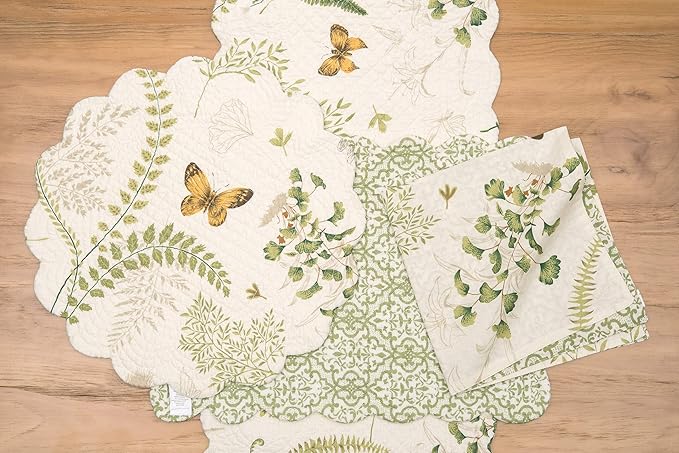 C&F Home 17" Althea Round Scalloped Edge Cotton Quilted Placemats, Set of 6 Spring Springtime Butterfly Dragonfly Plants Fern Greenery Nature Tabletop Décor Decoration S/6 Round Placemat Set of 6