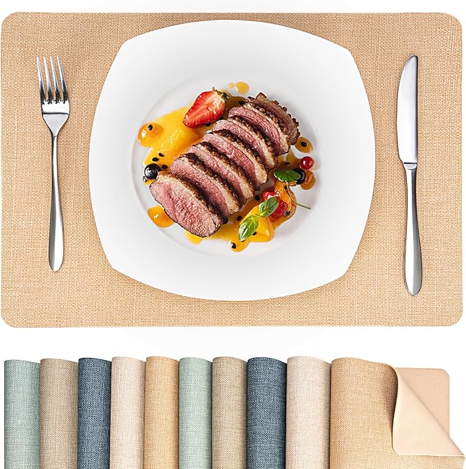 Heat Resistant Placemats Set of 2, 17x12in Waterproof Wipeable Faux Leather Non Slip Table Mats, Easy to Clean, Stain Resistant, for Kitchen Dining Room-– Warm Tan