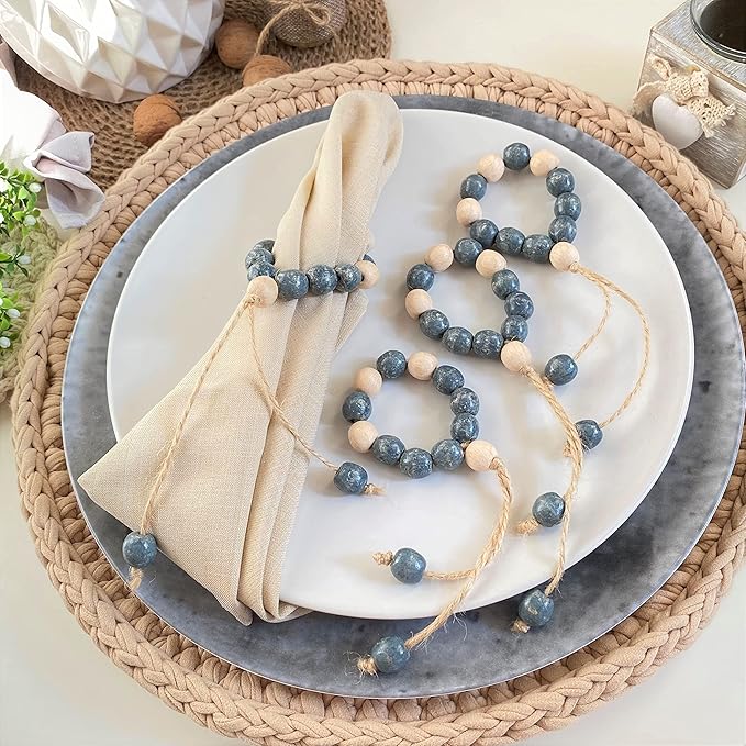 Napkin Rings Set of 6 - Wood Bead Napkin Rings - Rustic Wooden Napkin Holder Ring for Table - Handmade Napkin Ring with Wooden Beads - Napkin Ring with Wood Beads