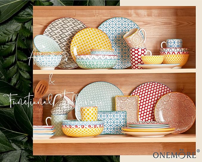ONEMORE Colorful Pasta Bowls Set of 6, 36oz - Oven/Microwave/Dishwasher Safe Ceramic Wide Bowl for Dinner - Stackable, Scratch Resistant - Assorted Colors