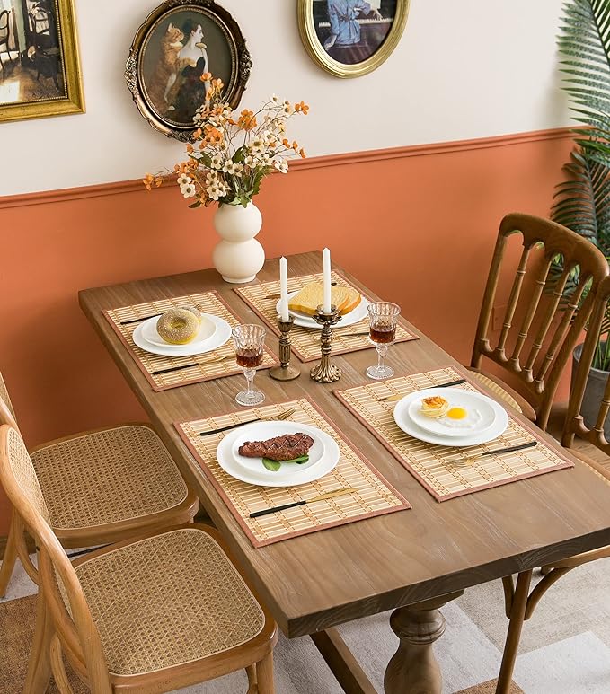 ANDSTAR Set of 8 Pcs Bamboo Placemats with Fabric Border Japanese Style Natural Anti-Slip Bamboo Placemats Washable Heat-Resistant Table Mats for Dining Room and Kitchen（Coffee）