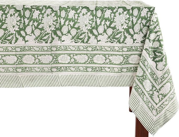 ATOSII Meraki Green 100% Cotton Fall Tablecloth, Handblock Print Rectangle Table Cover for Kitchen Dining Linen I Parties, Thanksgiving, Christmas, Wedding, Table Cloth I 72 X 120 Inches I 10 Seater
