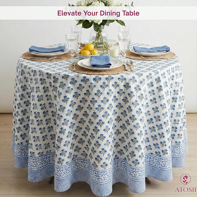 ATOSII Gulbahar Blue 100% Cotton Fall Round Tablecloth, Handblock Print Floral Table Cloth for Kitchen Dining Linen I Thanksgiving, Christmas, Weddings, Outdoors, Parties I 60" Inches I 4 Seater Table
