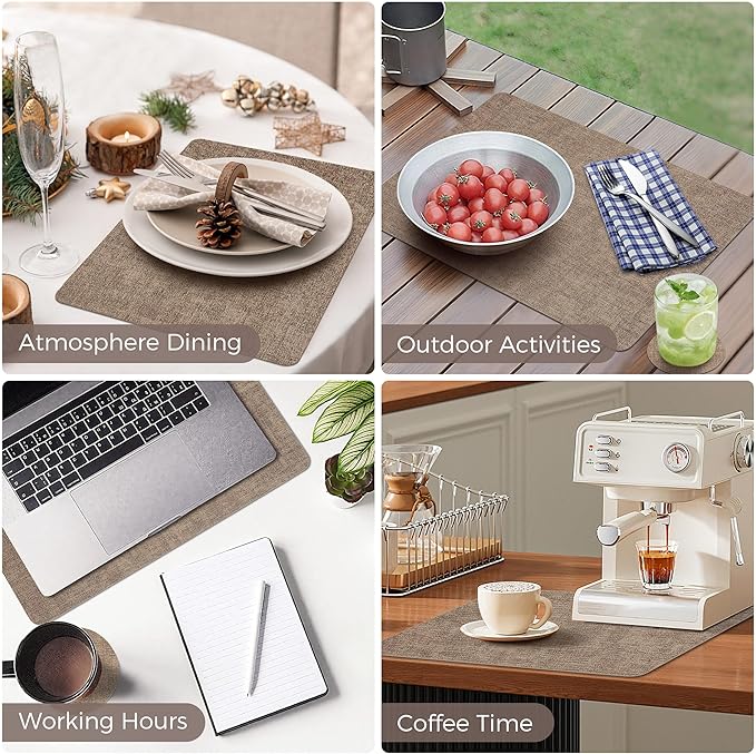 Vinyl Placemats Set of 6, Faux Leather Waterproof and Heat Resistant Place Mats, Washable Anti-Slip Table Mats with Coaster, Wipeable Placemats for Indoor & Outdoor 17" x 12" (Light Coffee, Set of 6)
