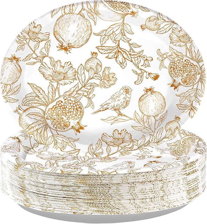 Grencian 50Pcs Fall Brown Pomegranate Oval Paper Plates 10"x12" Large Thanksgiving Party Plates Disposable Heavy Duty Autumn Pomegranate Platter for Fall Theme Party Decorations Harvest Party Supplies