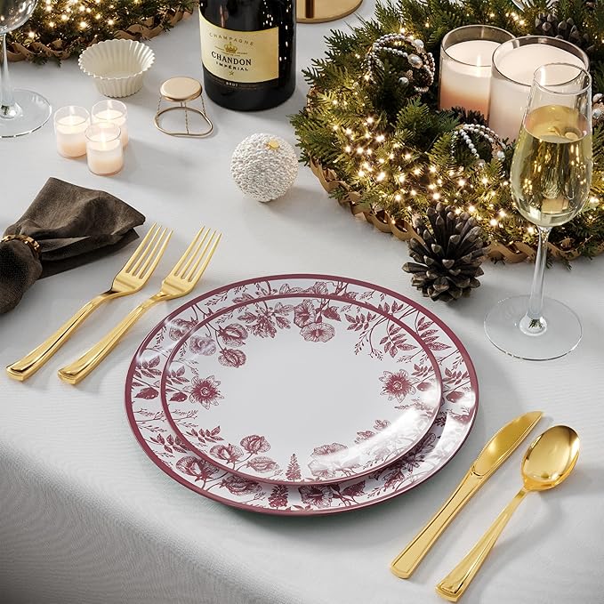 Trendables Disposable Plates For Party Supplies | Burgundy Floral Plastic Plates For Wedding 40 Pcs - 20 X 8 & 20 X 10 Dinner Plate Sets | Floral Plate Set Disposable Plastic Dinnerware Sets