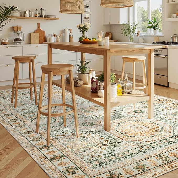 Washable Area Rug 8x10, Large Soft Rugs for Living Room Green Yellow Carpet 8x10 Area Rugs for Bedroom Dining Room Non-Slip Stain Resistant Rug