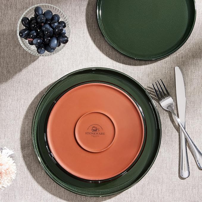 Herogo 12 Pieces Stoneware Dinnerware Set for 4, Ceramic Dinner Dishware Sets for Home Kitchen, Plates and Bowls with Rustic Terracotta Bottom, Dishwasher & Microwave Safe, Dark Green