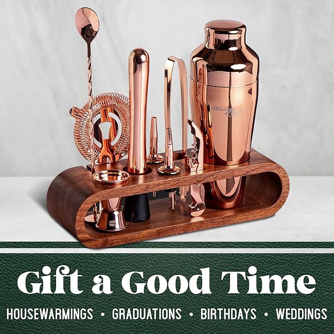 Mixology & Craft Cocktail Shaker Set with Dark Bamboo Stand - Professional 10-Piece Bartender Kit - Complete Bar Set & Cocktail Mixer Kit for Home (Copper)