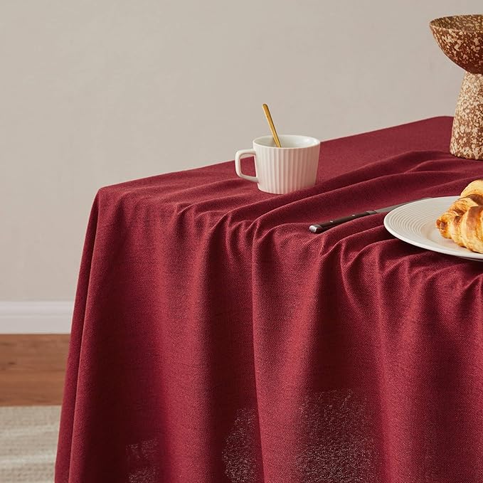 Linen Tablecloth with Tassels, Farmhouse Style Burgundy Tablecloth, Water Resistant Burlap Tablecloths for Round Table, 52 Inch Round Burgundy