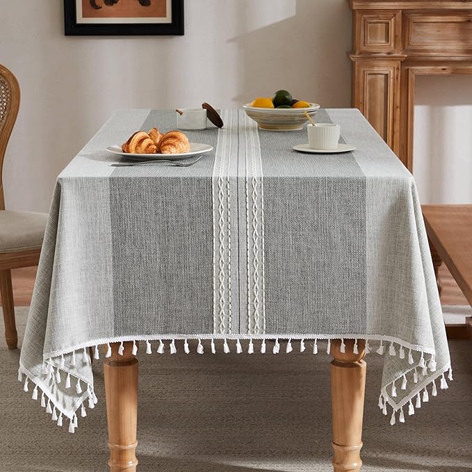 ZeeMart Contrast Linen Table Cloth Rectangle Table Cloths 52x70 Inch Mid-Stripe Grey, Farmhouse Style Heavy Weight Grey Tablecloth, Water Resistant Burlap Tablecloths