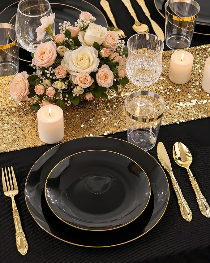 Nervure 100PCS Black and Gold Plastic Plates - 10.25 inch Black Disposable Plates - Gold Rim Dinner Plate - Black Dinner Plate Ideal for Wedding & Party