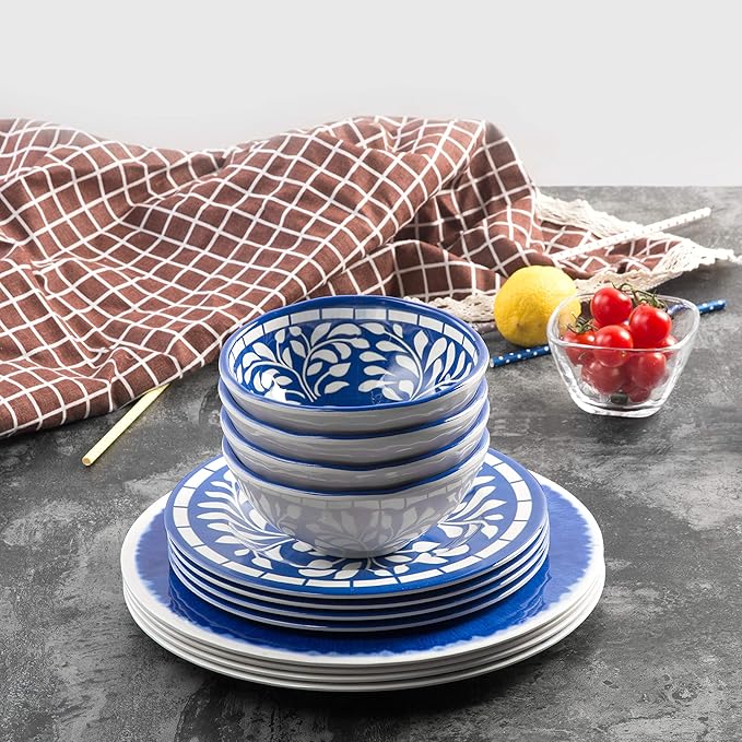 Melamine Dinnerware Set - 12 Pcs Dinner Dishes Set for 4, Plates and Bowls Set for Indoor & Outdoor Use- Dishwasher Safe, Unbreakable, Blue