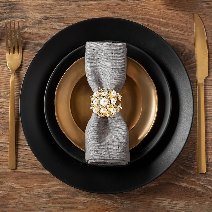 Decozen Set of 12 Gold Napkin Rings with Pearl Design, Festive, Table Decor Setting for Holiday, Wedding, Birthday, Kitchen, Home Decor, Housewarming Gift - Thanksgiving & Christmas Gift Decoration