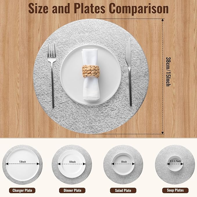 Jovono 15" Faux Leather Big Round Placemats Set of 8 - Washable Heat Resistant Non-Slip Dining Table Mats with Fabric Texture for Kitchen Home Party Wedding Decor, Silver