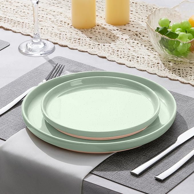 LIANYU Stoneware Dinner Plates Set of 6, 10.5’’ Ceramic Plates for Dessert, Salad, Steak, Pizza, Round Serving Dishes for Kitchen, Microwave, Oven & Dishwasher Safe, Scratch Resistant, Fog Green