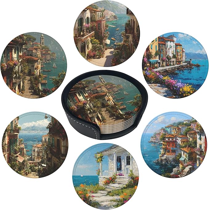 Ocean City Coasters Leather Round Drink Coasters 6 Pcs Set with Holderor for Cup Drink Coffee Table Bar Home Decor