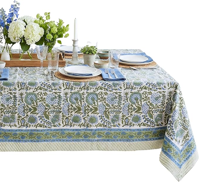 ATOSII Clover Blue 100% Cotton Rectangle Tablecloth, Handblock Floral Print Linen Table Cloth for Kitchen Dining I Parties, Outdoors, Fall Christmas Thanksgiving Holidays I 72 X 108 Inches I 8 Seater