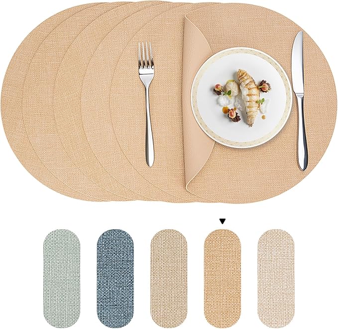 Round Wipeable Placemats Set of 2 – Faux Leather Round Table Mats, Waterproof & Washable Vinyl Placemats, Circle Design for Dining Table Decor– Warm Tan