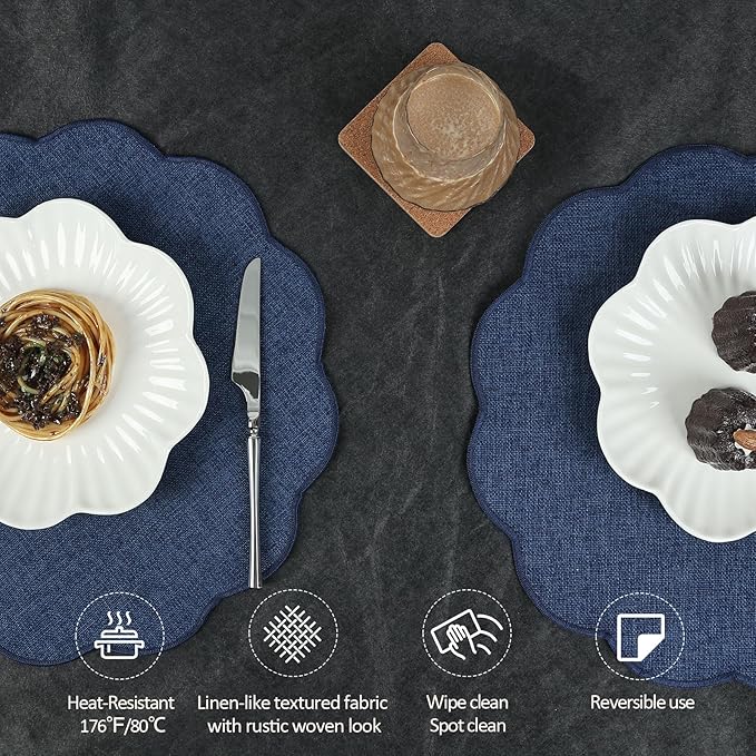AHHFSMEI Round Faux Linen Placemats Set of 4 Waterproof Table Mats Heat Resistant Non-Slip and Stain Proof for Kitchen Dining Elegant Decor (Navy Blue,4)