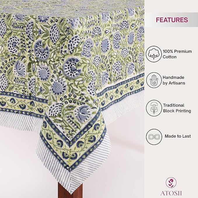 ATOSII Amara 100% Cotton Rectangle Fall Tablecloth, Handblock Floral Linen Table Cloth for Kitchen Dining Table I Parties Weddings Christmas I Fall Home Decor 60 X 108 Inches I 8 Seater