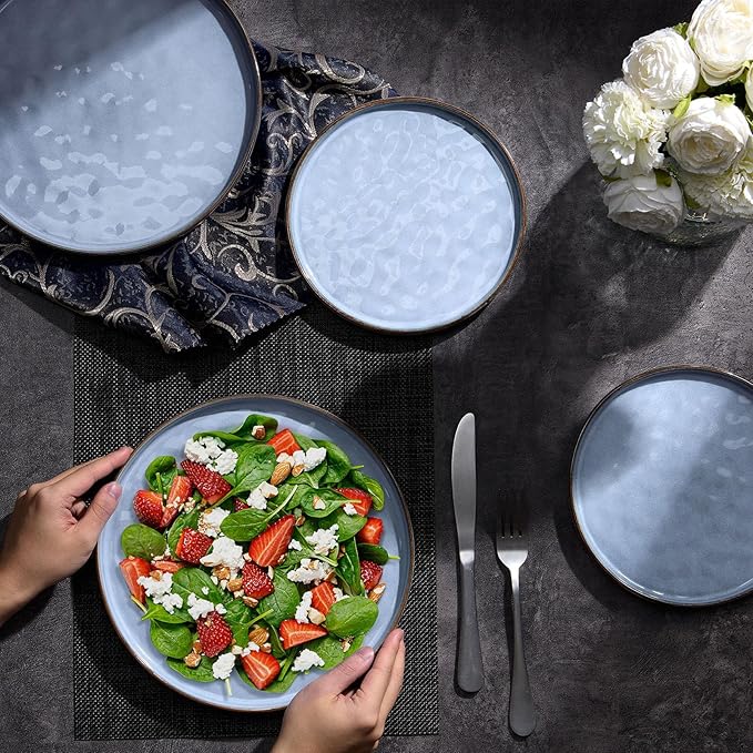 LIANYU 6PCS Ceramic Flat Dinner Plates Set, Porcelain Salad Appetizer Dishes with High Edge, 7.9” Dessert Plates Set, Microwave, Oven, dishwasher Safe, Chip & Scratch Resistant, Serenity Blue