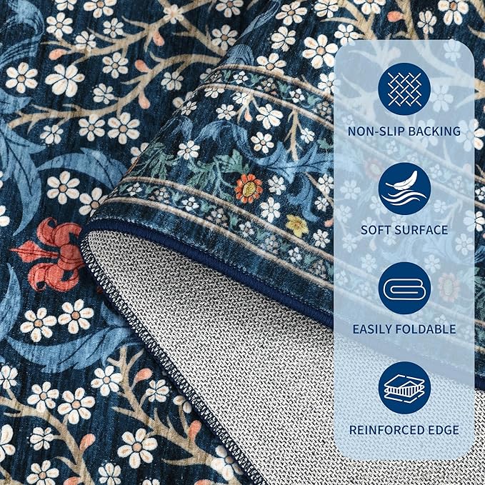 GarveeHome Dark Blue Floral 4 ft Round Rug Washable Non-Slip Soft Low Pile Small Circle Carpet Vintage Rugs for Kitchen Bedroom Nursery Dining Living Room