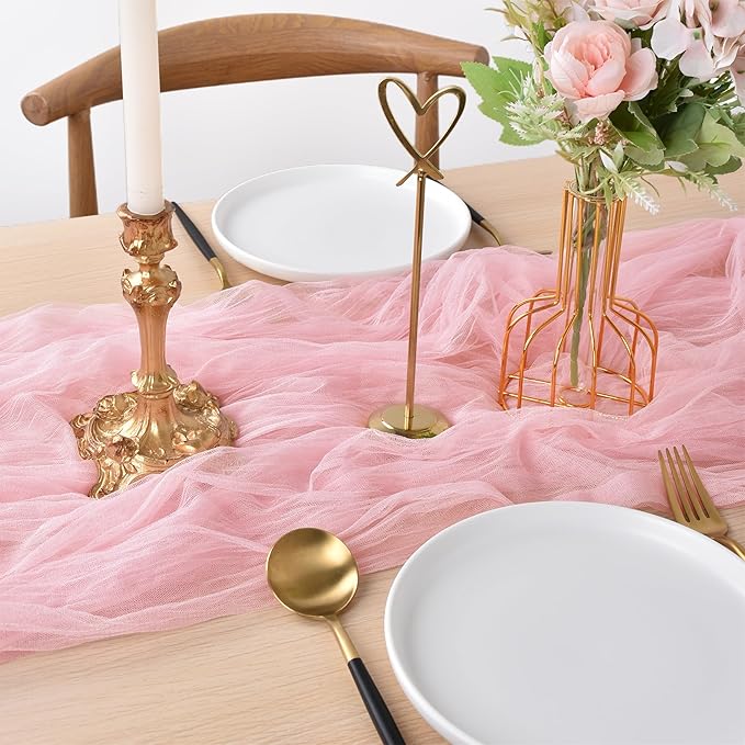 Joanlody Blushing Pink Cheesecloth Table Runner Fall Thanksgiving 10Ft Rustic Gauze Boho Cheese Cloth Table Runner for Wedding Bridal Baby Shower Decoration
