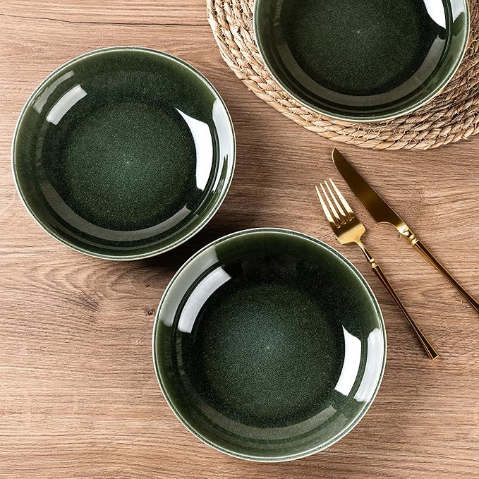 AmorArc 8.5'' Large Ceramic Pasta Bowls, 36oz Stoneware Pasta Serving Bowls Set of 4 for Kitchen, Wide Bowls for Pasta,Salad,Oatmeal, Microwave Safe, Reactive Glaze-Earth Green